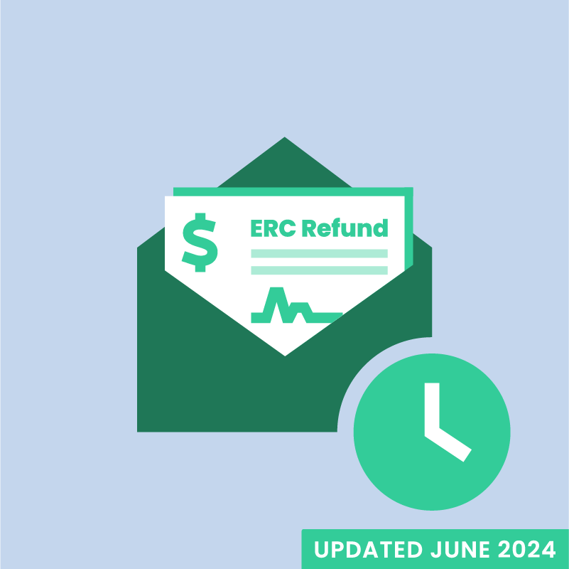Iconographic envelope with an Employee Retention Credit (ERC) tax refund check sticking out that reads 'ERC Refund' and a clock in the lower right-hand corner with 1st Capital Financial's branding